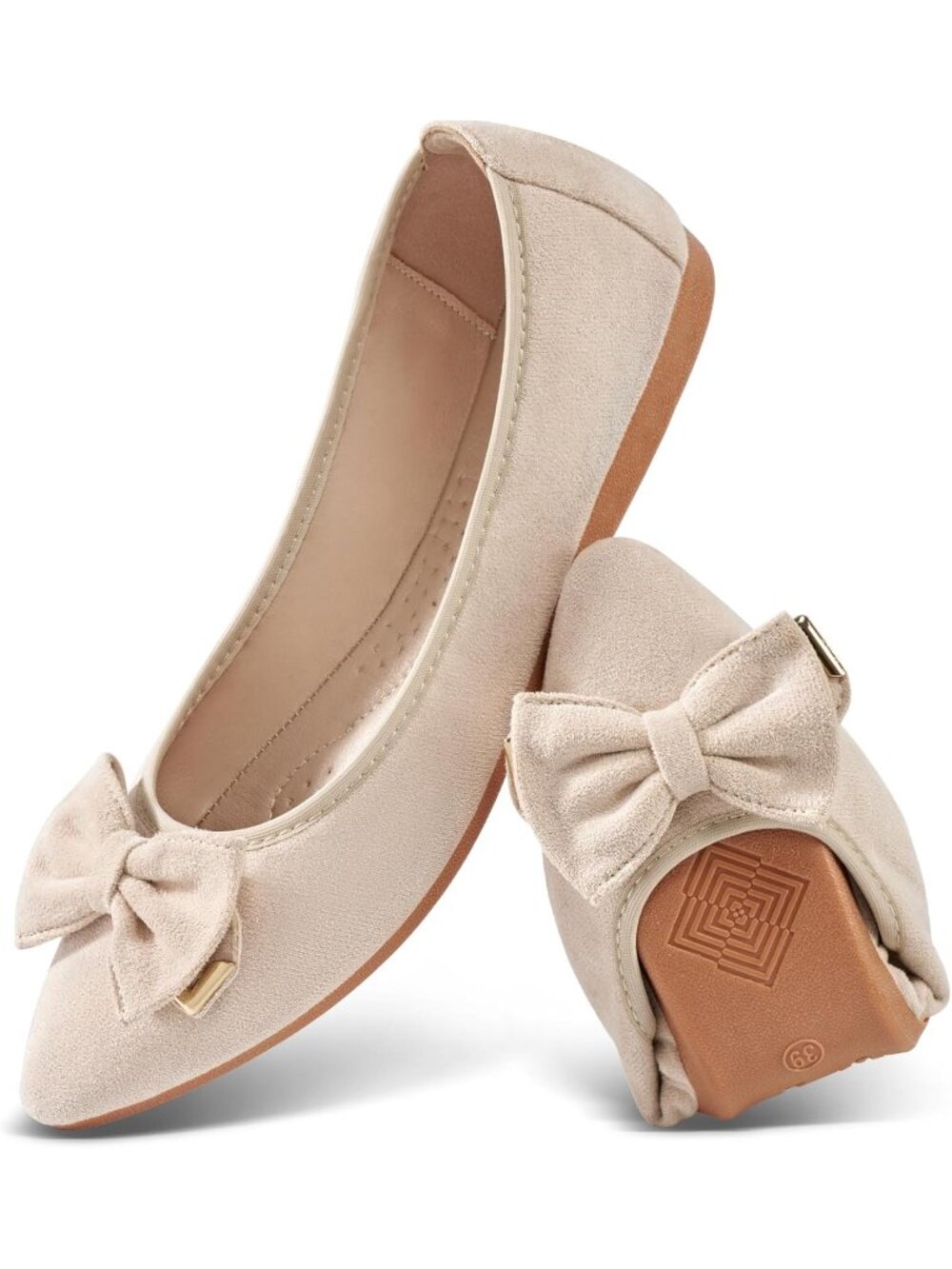 Women's Apricot Ballet Flat Fordable Slip On Shoes Bow Knot Pointed Toe Loafers